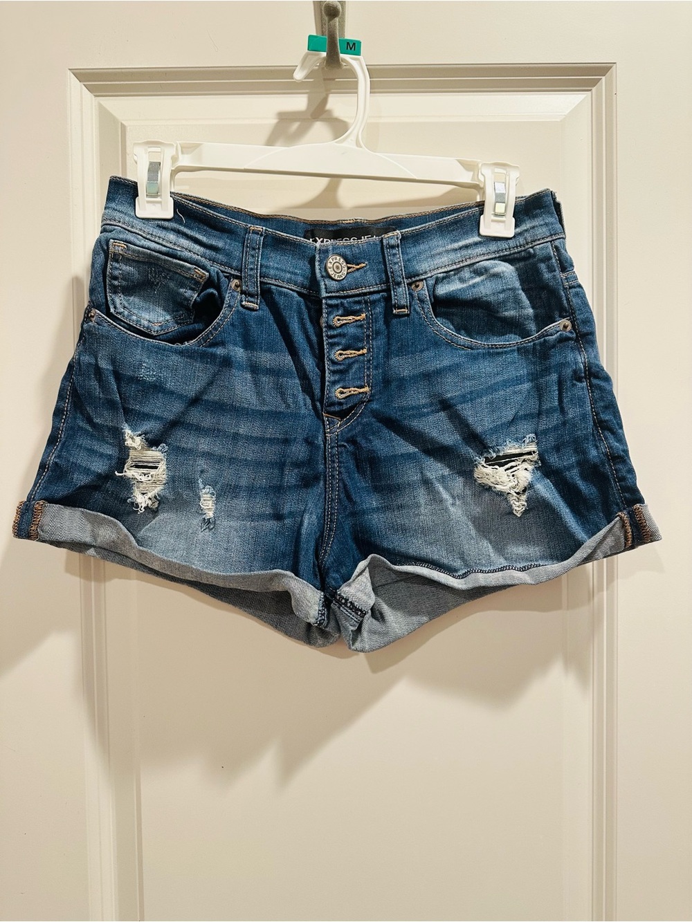 Express Distressed Dark Blue Denim Button-Fly Shorts